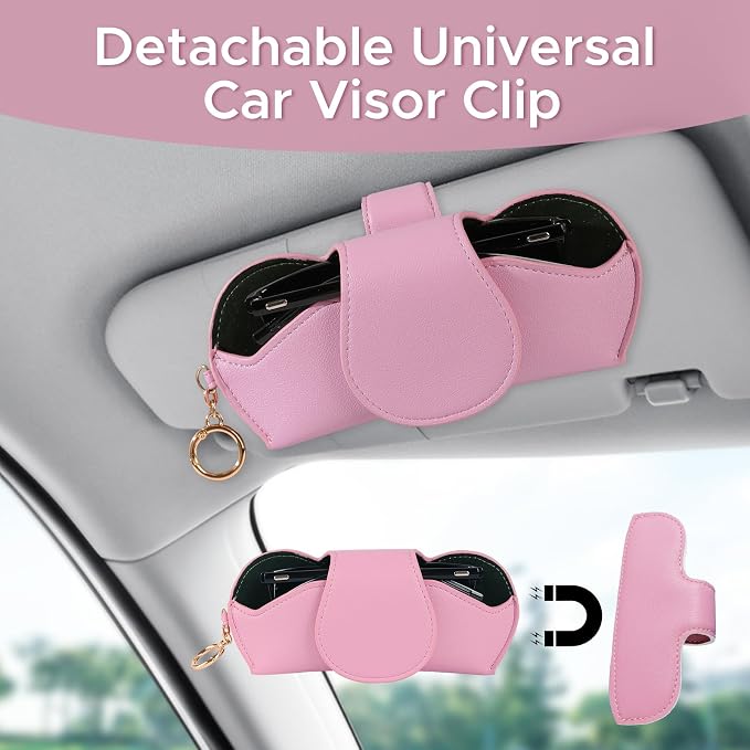 KINIVA Sunglasses Holder for Car Visor with Hanging Hook Portable Leather Glasses Storage Bag with Detachable Clips