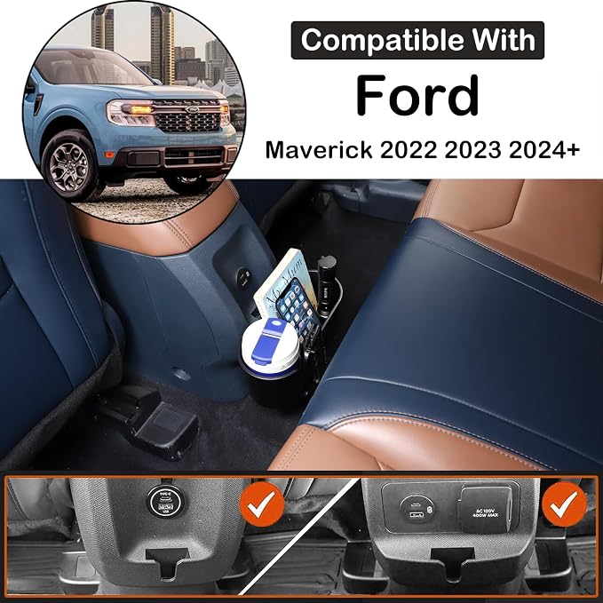 Car Rear Cup Holder Expander Organizer Tray Compatible with Ford Maverick 2022-2024 Car Seat Rear Dual Cup Holders Insert Expander Car Drink Water Bottle Holder Removable FITS Slot ABS Accessories