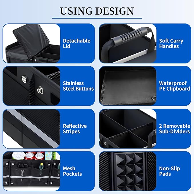 Collapsible Trunk Organizer for Car with Insulated Leakproof Cooler Bag, 3 Compartments SUV Cargo Organizer w/Removable Dividers, 5-in-1 Storage w/Foldable Lid & 2 Tie-Down Straps (Black)