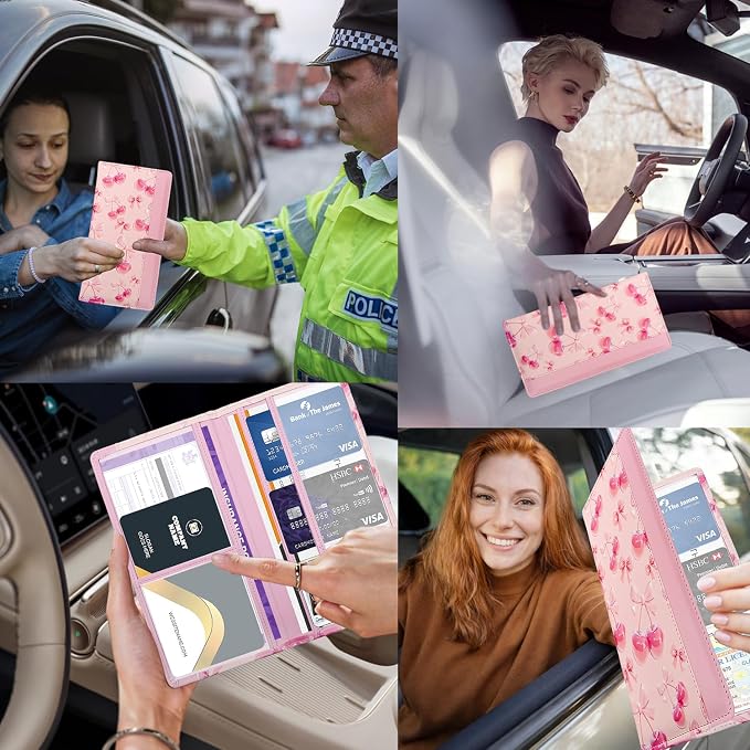 Car Registration and Insurance Holder with Magnetic Closure, Universal Document Organizer for License, Insurance Cards & Glove Box Storage (Cherry-Pink)