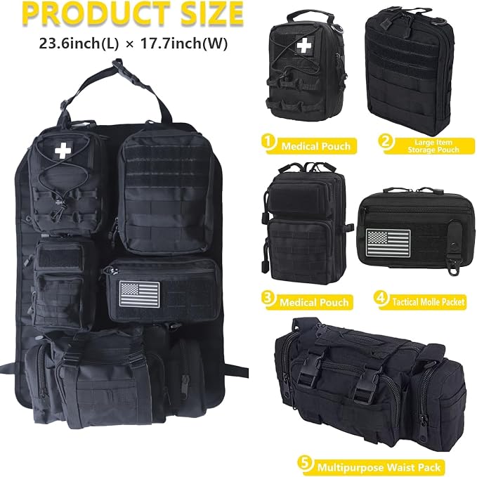 Universal Tactical Car Seat Back Organizer Bag Tactical Molle Vehicle Organizers Panel Vehicle Protector Organizers with 5 Detachable Pouches for Car (Upgraded B black)