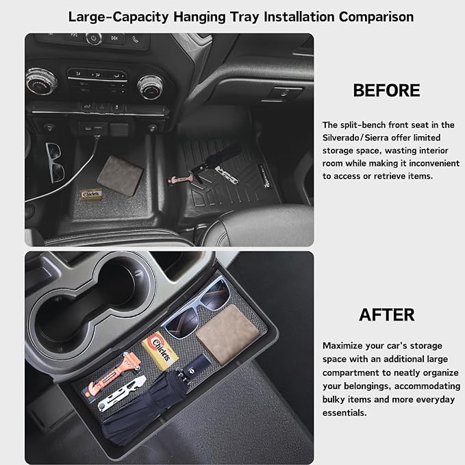 Floor Console Organizer for 2019-2026 Chevy Silverado/GMC Sierra 1500, 2020-2026 Silverado/Sierra 2500HD 3500HD Jump Seat Accessories Large-Capacity Hanging Tray(for Split-Bench Folding Seat Only)