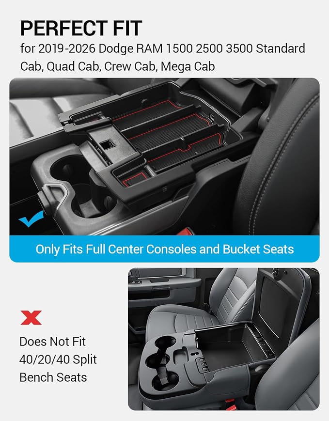 Motrobe Center Console Organizer Tray for Dodge RAM 1500 2500 3500 Armrest Storage Box Accessories 2026 2025 2024 2023 2022 2021 2020 2019