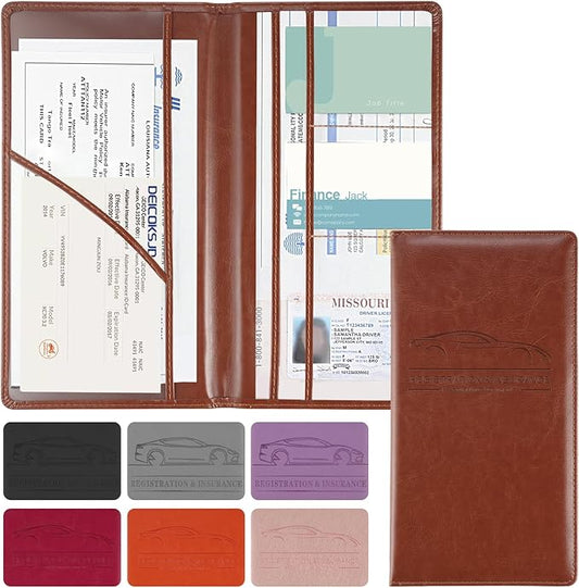 JUSTTOP 1Pack Car Registration and Insurance Holder,Car Document Holder for Cards License with Magnetic Shut,Vehicle Glove Box Car Organizer for Documents, Cards, License(Brown)