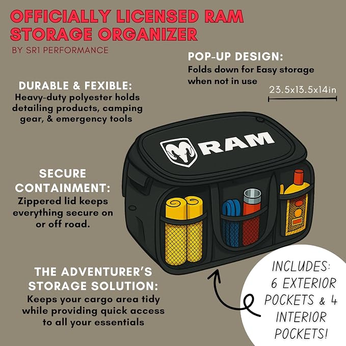 SR1 Performance USA RAM Pop Up Truck Bed & Back Seat Storage Organizer - Expandable Collapsible Cargo Caddy for Dodge RAM 1500, 2500, 3500 & TRX - Black with Logo