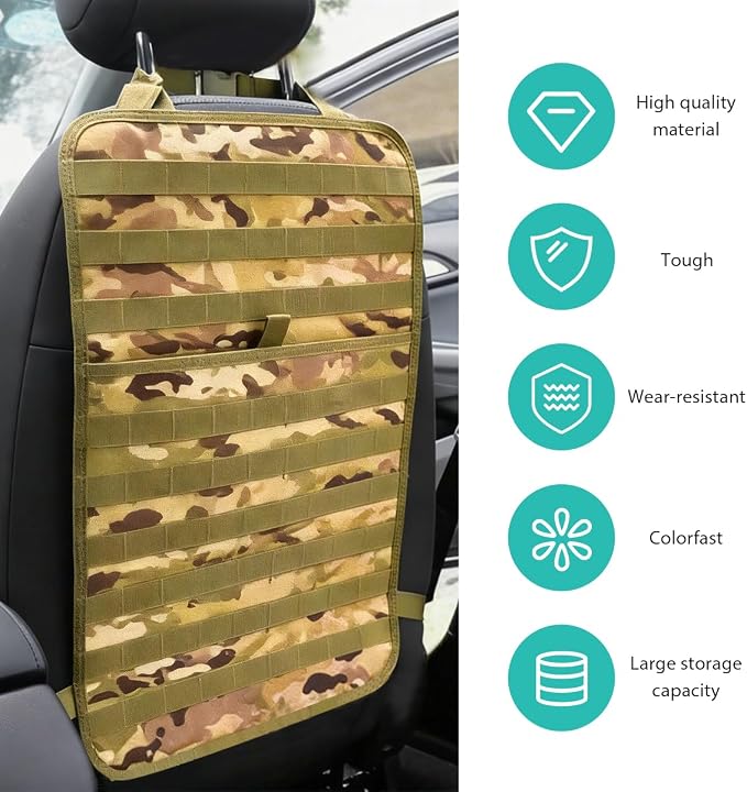 2 PCS Car Seat Back Organizer, Tactical MOLLE Sag Proof Vehicle Panel Backseat Cover Protector, Universal Molle Nylon Storage Bag Seat Back Hanger Pad for Car Truck SUV Pickup (Camouflage CP)