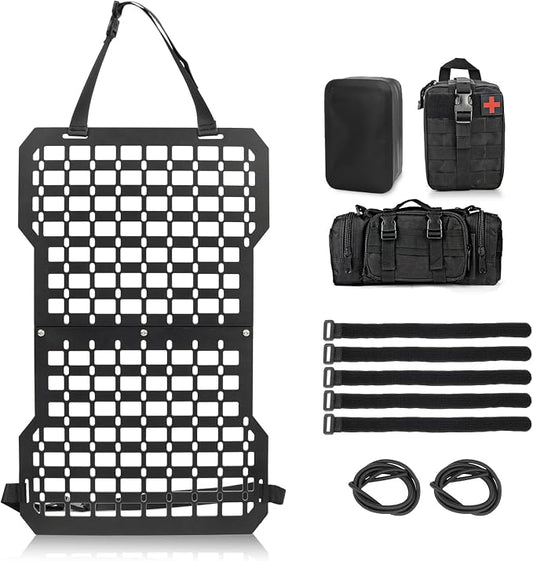 MAIKER Rigid Molle Panels for Vehicles Truck Mount Rack Tactical Seat Back Organizer Versatile Panel with 3 Storage Bag & 5 Hook and Loop Fasteners & 2 Elastic Rope for Storage Gears Accessories