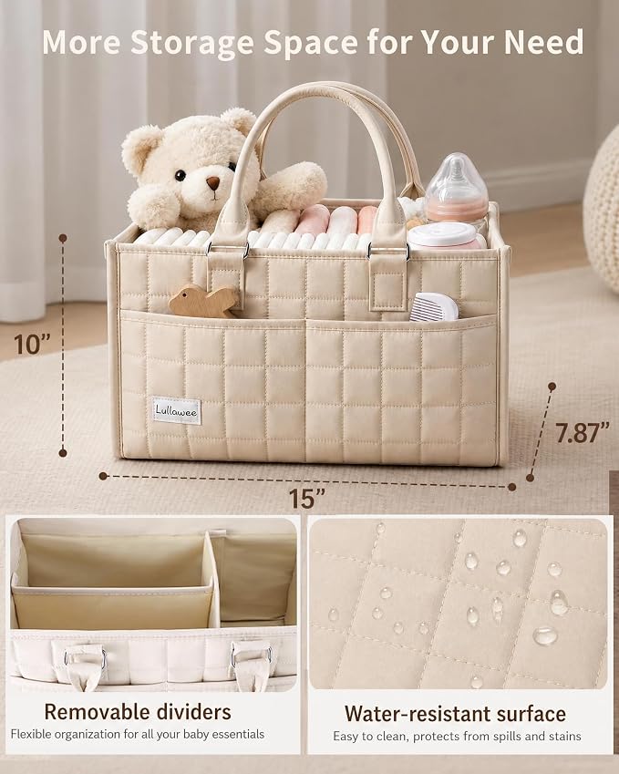 Baby Diaper Caddy Organizer, Portable Nursery Storage Basket with Handle for Newborn Boy or Girl, Gift for Baby Shower Essentials, Registry Must Have Bag, Caddie Car Organizer, Beige