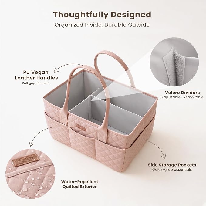 Konssy Quilted Diaper Caddy Organizer, Diaper Caddy Basket with PU Leather Handles, Water-Repellent Nursery Storage Basket, Portable Car Organizer, Registry Search Must Haves (Blush Pink)