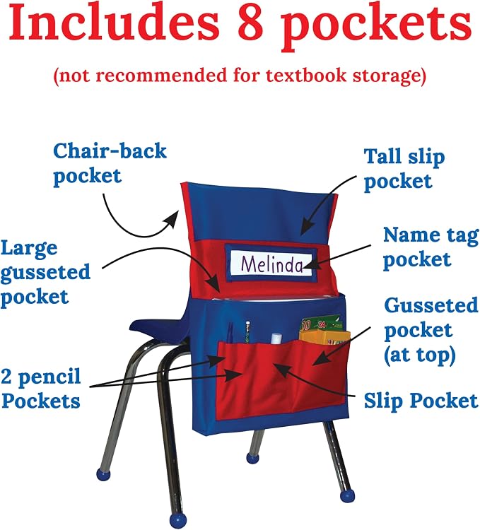 Carson Dellosa 6-Pack Blue and Red Chairback Buddy Pocket Chart Set, 15" x 19" Back of Chair School Supplies Pocket Organizer With Name Tag and 6 Chair Pockets for Classrooms, Classroom Organization