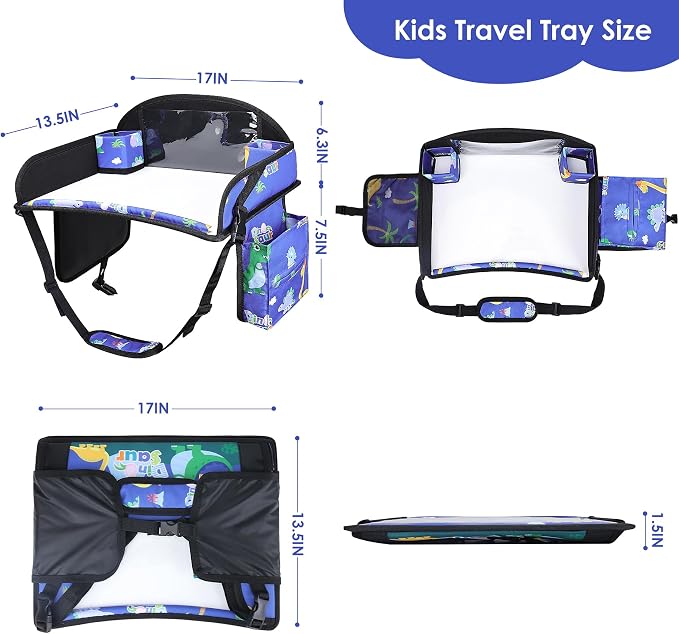 Kids Travel Tray for Airplane - Toddler Car Seat Table Tray, Road Trip Essentials for Boys & Girls, Carseat Lap Desk for Kids Road Trip Activities,Blue Dinosaur