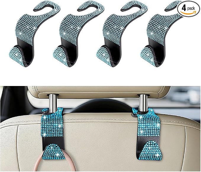 4PCS Bling Car Seat Headrest Hooks, Crystal Rhinestone Vehicle Back Seat Hanger Holder, Auto Interior Headrest Hanging Storage Organizer for Purse Handbag Coat, Universal Fit (Blue)