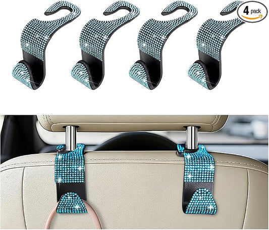 4PCS Bling Car Seat Headrest Hooks, Crystal Rhinestone Vehicle Back Seat Hanger Holder, Auto Interior Headrest Hanging Storage Organizer for Purse Handbag Coat, Universal Fit (Blue)