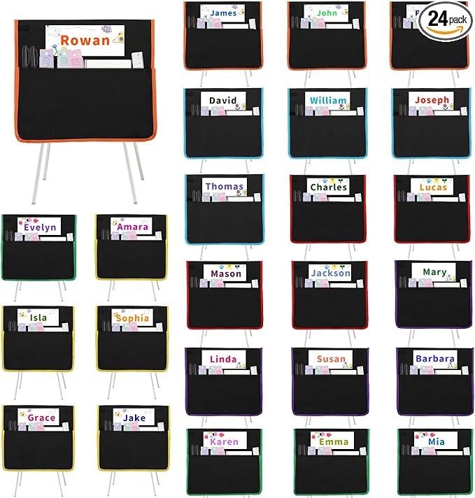 24 PCS Chair Pockets for Classroom, 15.6x16.8 Inch Seat Pockets for Classroom Chairs, Black Seat Sacks for Classroom Chairs with Name Tag, Back of Chair Organizer for Kids in Classroom
