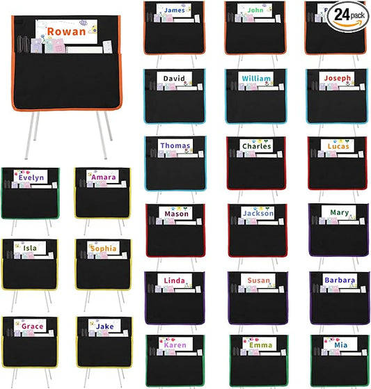 24 PCS Chair Pockets for Classroom, 15.6x16.8 Inch Seat Pockets for Classroom Chairs, Black Seat Sacks for Classroom Chairs with Name Tag, Back of Chair Organizer for Kids in Classroom