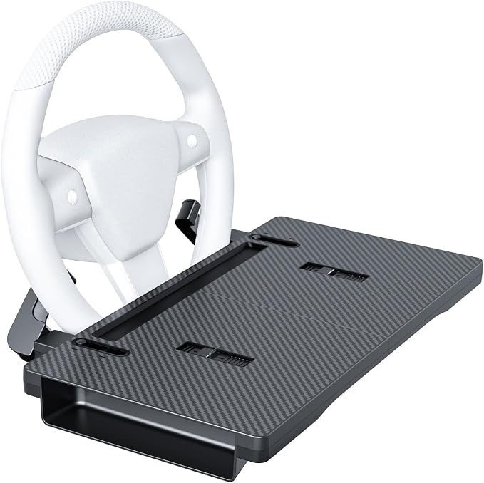 2-in-1 Car Steering Wheel Desk & Seat Gap Organizer Tray | Carbon Fiber Finish, Foldable Adjustable, Multi-use for Laptop Work, Eating and Storage, Gifts for Truck/ Tesla or SUV Owners