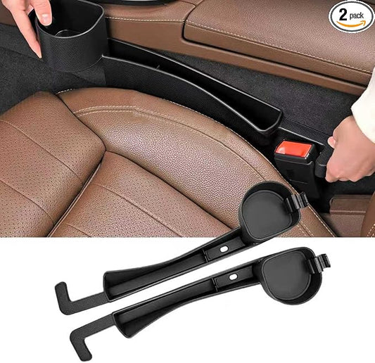 Car Seat Gap Filler Organizer, 2PCS Car Seat Gap Plug with Storage Slot, 3-in-1 Seat Gap Filler with Cup Holder & Hooks, Car Interior Organizer for Sedans SUVs Trucks, Black (2)