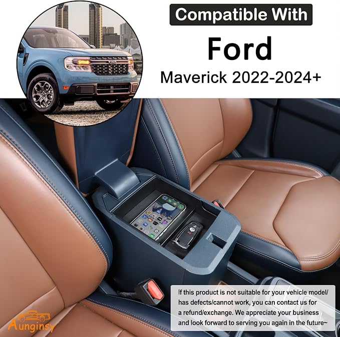 Aunginsy Car Armrest Box Storage Box Compatible with Ford Maverick 2022-2025 2026, Truck Center Console Organizer Tray Armrest Storage Accessory Container Storage Box With Mat ABS Interior Accessories