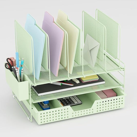 LEKETREE Green Desk Organizer, Office Organization with Vertical File Holder, File Organizer with Drawer and Pen Holder, Desk Accessories and Workspace Organizers for Home Office (Green)