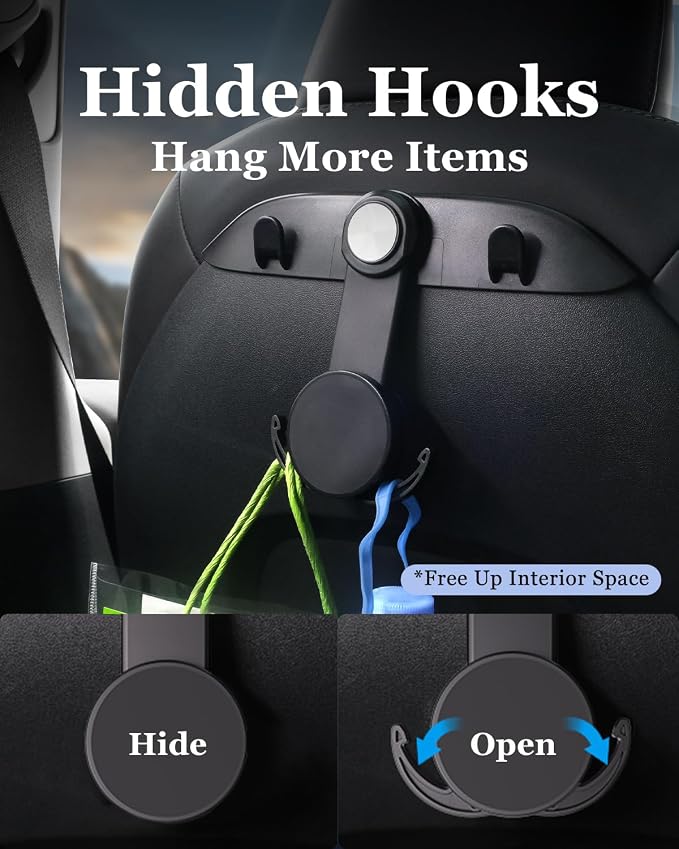 1 Pack Car Seat Hooks & Magnetic Phone Holder for Tesla Model Y(Juniper) Model 3(Highland) Accessories 2026 2025 2024 2023 2022 2021, Car Seat Back Storage Purse/Bag/Hat Hook for iPhone