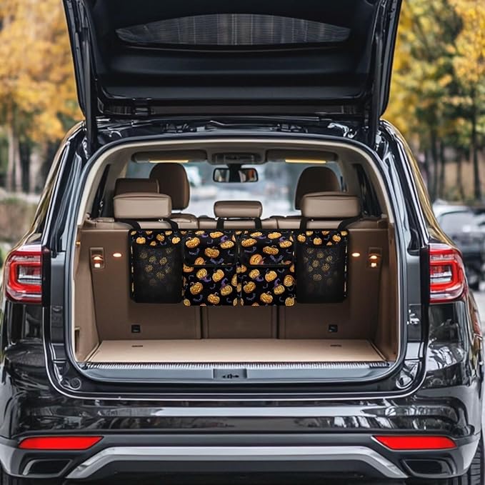 Halloween Pumpkins Car Trunk Organizer for Women Men Car Back Seat Hanging Storage Bag Collapsible Auto Cargo Bag with 4 Large Pockets Auto Interior Accessories