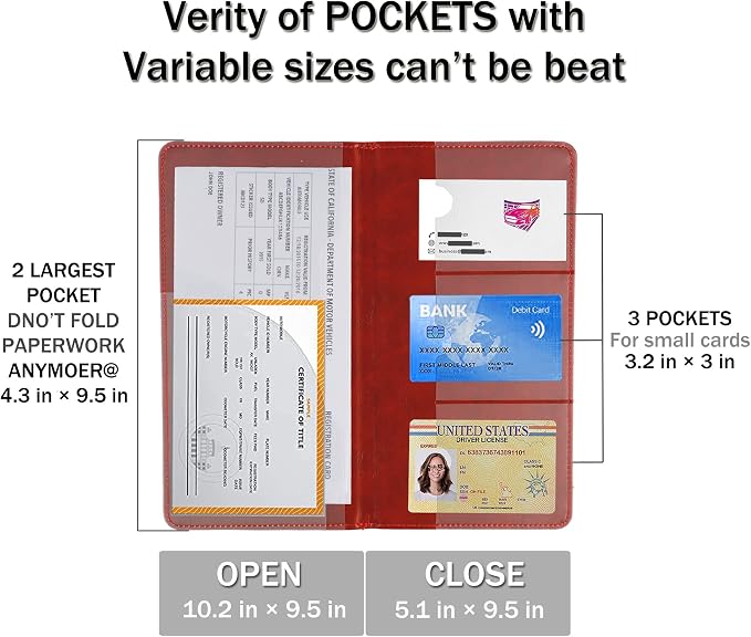 UYYE Auto Car Registration and Insurance Documents Holder - PU Leather Vehicle Glove Box Documents Organizer Wallet, Car Interior Accessories Case Holder for Essential Automobile Documents（Red）