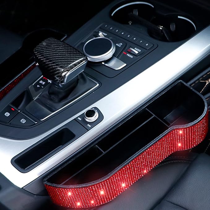 Bling Bling Car Seat Organizer Front Seat Gap Filler with Crystal Rhinestones Diamond, PU Leather Car Seat Console Storage Organizer for Car Accessories (2 Pack Red)