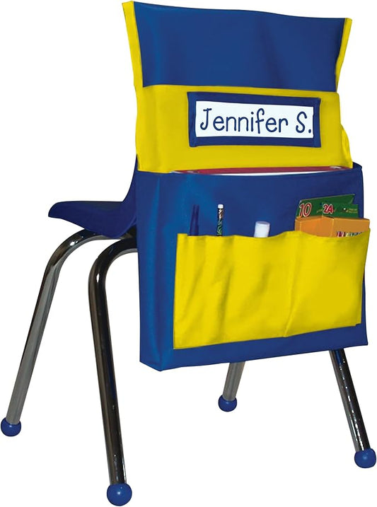 Carson Dellosa 15" x 19" Canvas Blue and Yellow Chairback Buddy Pocket Chart, Seat Storage for Classroom K-2, Classroom Chair Seat Storage with Pockets with 6 Chair Pockets and Student Name Tag