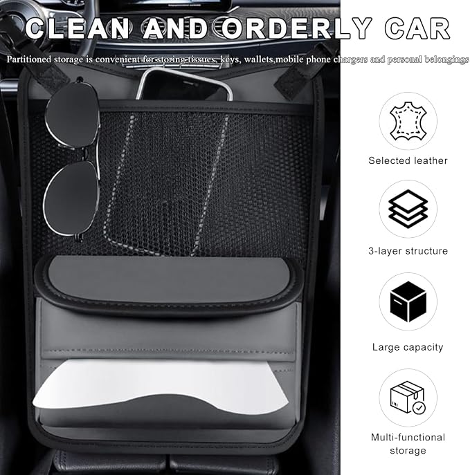 Car Organizer Storage Between Seats, Leather Car Console Hanging Storage Organizer with Mesh Pocket Tissue Box, Multi-Functional Large Capacity Headrest Holder Bag for Purse Snack (Gray)