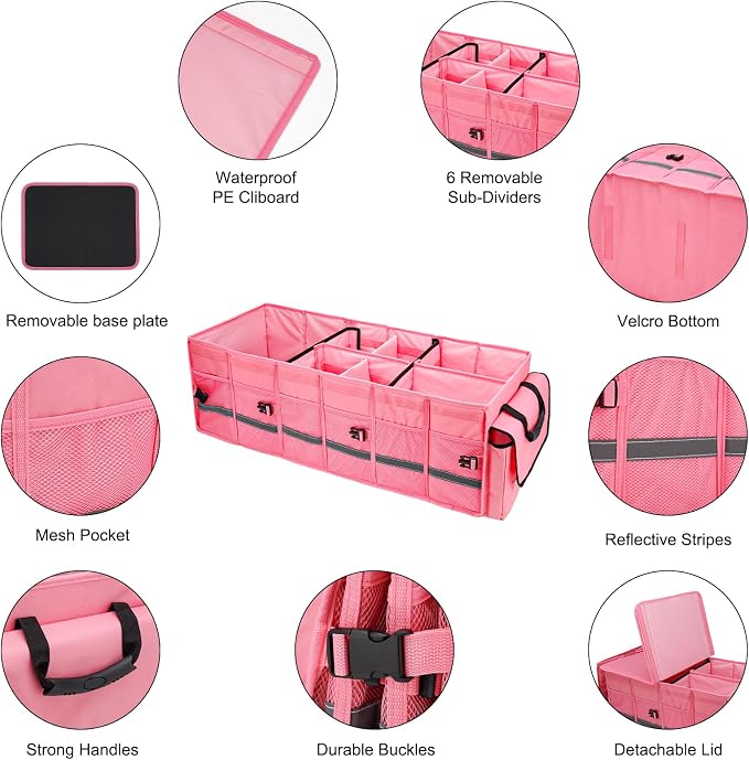 Car Trunk Organizer and Storage with Lid & Removable Leakproof Cooler Bag, Car Accessories 6 Removable Dividers for Custom Space, Collapsible Large Trunk Organizers Interior for SUV & Sendan, Pink