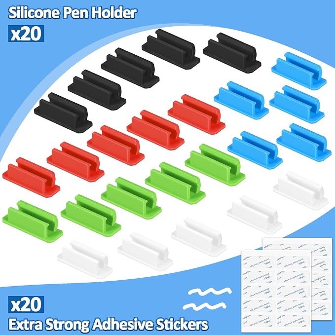 BOBOKA 20Pcs Pencil Holder for Desk, Adhesive Pen Holder for Classroom Clipboard Attachment, Silicone Pencil Holder & Marker Holder for School Office Desk Accessories, Teacher Supplies