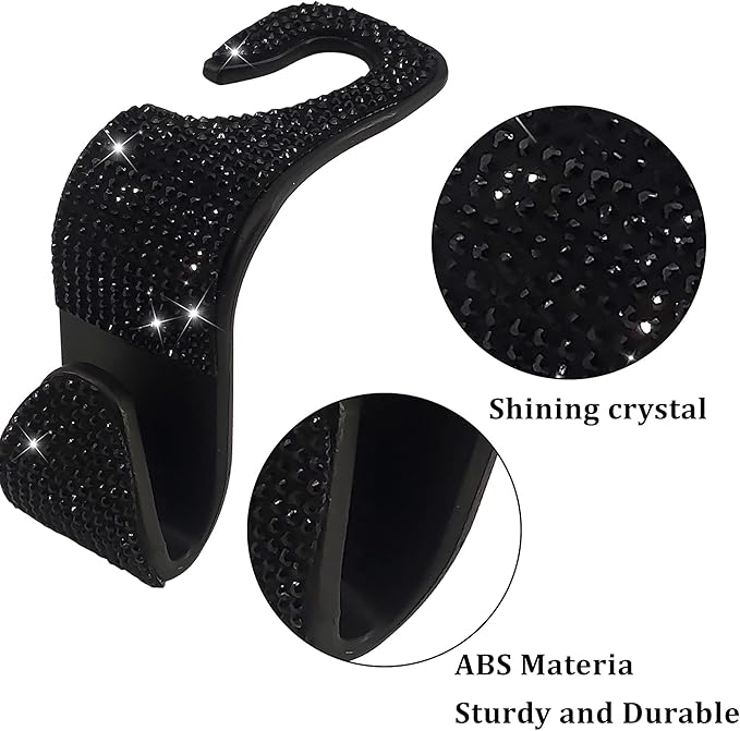 Dermasy® 2 Pack Car Hooks, 2021 New Bling Rhinestones Crystal Hooks Car Decorations Auto Seat Back Organizers Strong and Durable Backseat Hanger Storage Universal for SUV Truck Vehicle (Black)
