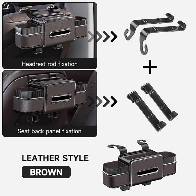Multifunctional Car Headrest Backseat Organizer Box with Drink Cup Holder, Makeup Mirror, Tissue Box & Hooks for Car Seat Back, Upgrade Car Headrest Backseat Organizer Great for Kids and Travel(Brown)
