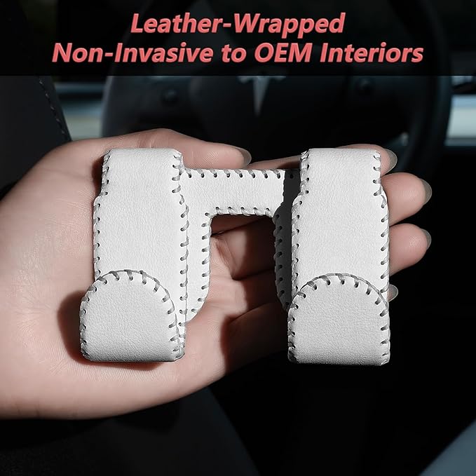 Car Seat Hooks for Tesla Model Y(Juniper) Model 3(Highland), Leather-Wrapped with Stainless Steel Core & Handmade Stitching, Purse Hanger Bag Holder, Automotive Seat Back Organizers (White-2 Pack)