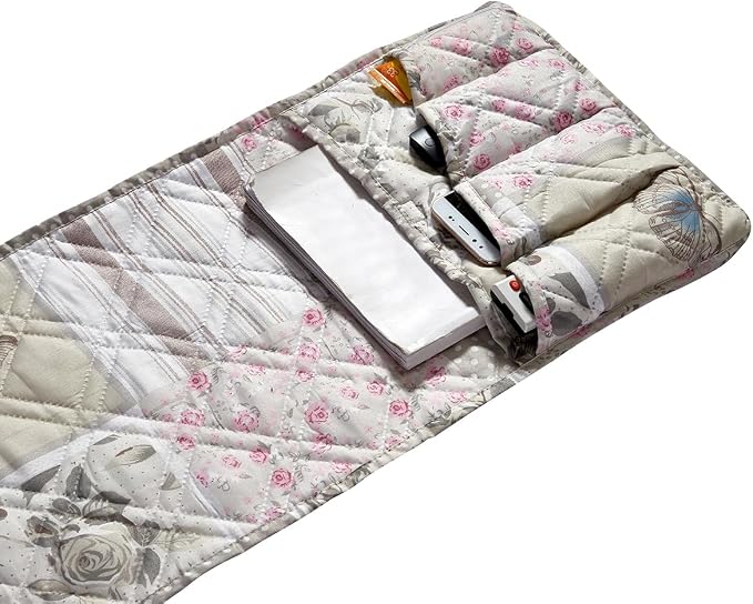 Brilliant Sunshine Grey Cupid and Pink Roses Patchwork Couch Armrest Organizer, Non Slip Armchair Caddy for Sofa Recliner, Washable Remote Control Holder, Storage for Magazine, Phone, iPad (35"×13")