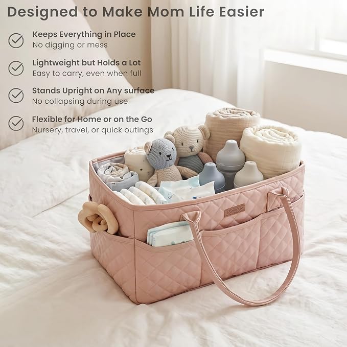 Konssy Quilted Diaper Caddy Organizer, Diaper Caddy Basket with PU Leather Handles, Water-Repellent Nursery Storage Basket, Portable Car Organizer, Registry Search Must Haves (Blush Pink)