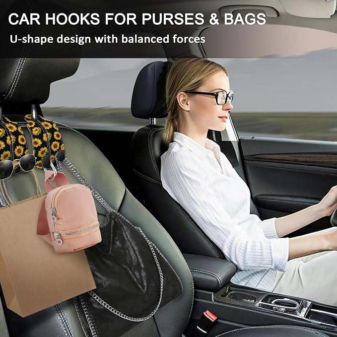 Blusabaca 2PCS Car Seat Back Storage Headrest Hooks, Sunflower Purse Holder Bags Hanger, PU Leather Double Metal Hook for Backseat Organizer, Women Car Accessories Organization
