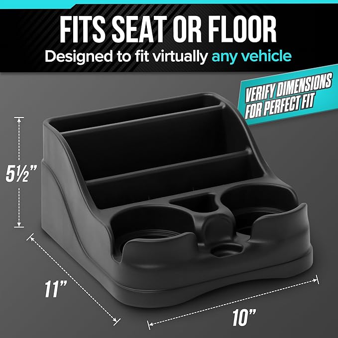 Moblorg Small Center Console for Cars, Trucks, Minivans, SUVs, Vehicle Organizer, Cup Holders, Recycled Plastic, Made in USA (Black)