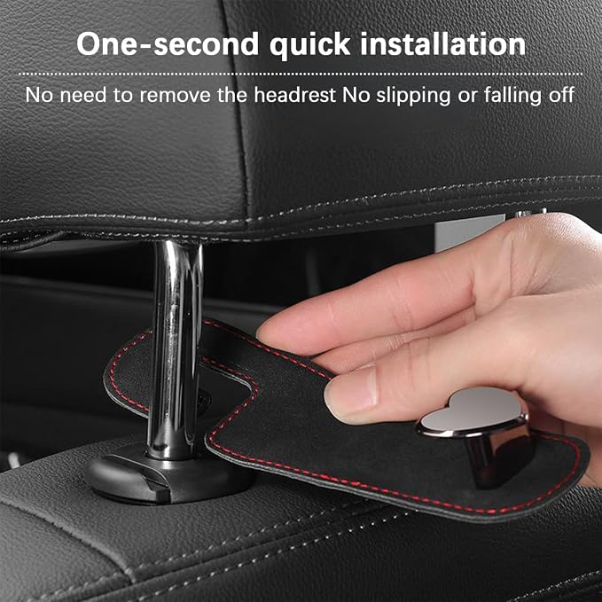 Car Seat Headrest Hook, 2PCS Suede Leather Cute Love Heart Type Vehicle Storage Hanger for Purse Bag, Auto Interior Seat Back Organizer Accessories, Universal for SUV Sedan Truck (Black)