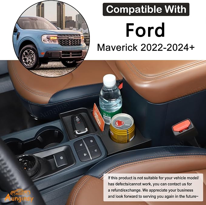 Aunginsy Center Console Cup Holder Compatible with Ford Maverick 2022-2025 2026, Front Seat Armrest Box Dual Cup Holders Insert Expander Organizer Tray Drink Water Bottle Holder with Mat Accessories