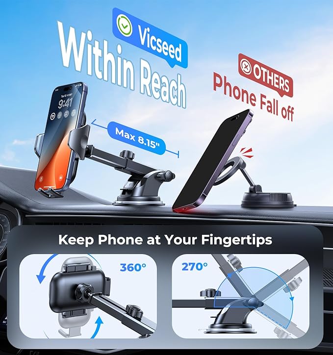 VICSEED [No.1 Powerful Suction] [Rally Racing-Grade Stability] Phone Holders for Your Car 2026 Upgraded Car Phone Holder Mount Truck Stand for Dashboard Windshield Vent for iPhone Samsung All Phones
