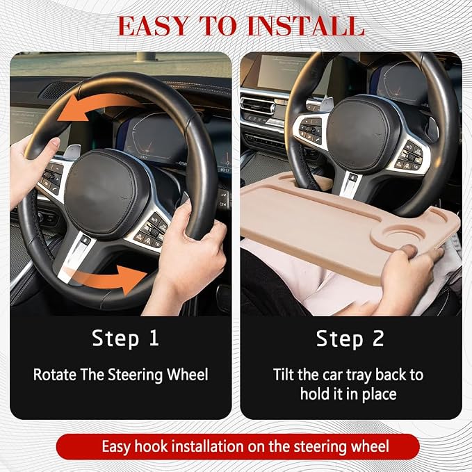 2 in 1 Car Steering Wheel Desk, Car Tray, Car Steering Wheel Desk Tray & Auto Seat Gap Filler Organizer, Multipurpose Travel Auto Steering Wheel Under Table Console for Most Vehicles (Beige)
