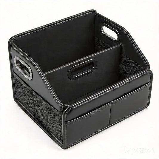 Car Storage Organizer Reinforced Dividable Leather Car Caddy Basket for Front Seat Floor Back Sturdy Frosted Handle 8 Compartments Adjustable Strap Buckles Slip-Resistant (Normal)
