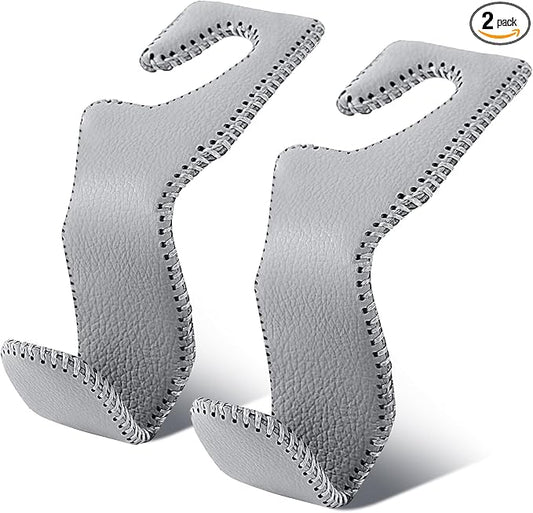 EldHus Car Seat Hooks for Purses and Bags, 2 Pack Car Purse Holder for Grocery Bag Handbag Clothes, Metal Headrest Hooks Covered by Leather, Gray