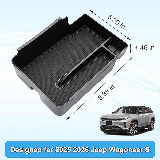 Center Console Organizer Tray for 2026 2025 Jeep Wagoneer S Accessories, Armrest Box Secondary Storage Insert with Anti-Slip Mats & Coin Holder