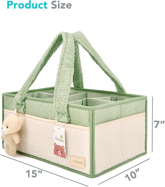 YOSING Diaper Caddy Organizer with 13 Pockets & Removable Dividers - Portable Baby Storage Basket for Nursery, Car Travel & Newborn Essentials, Green+ White