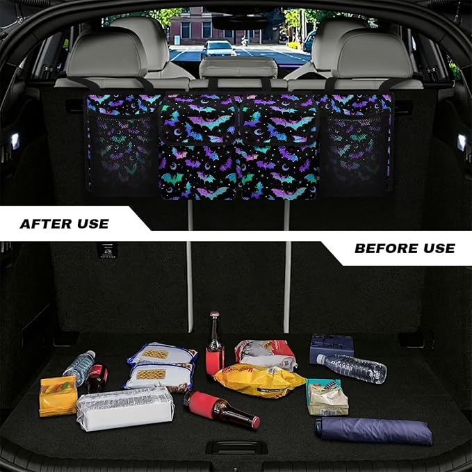 Hanging Car Trunk Organizer Halloween Bats Moon Car Back Seat Storage Bag Auto Cargo Bag Collapsible Auto Interior Accessories for Sedans SUV Jeep Trucks MPV Van