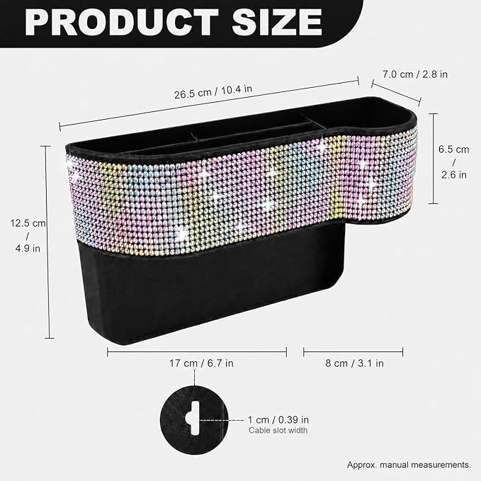 Bling Bling Car Seat Organizer Front Seat Gap Filler with Crystal Rhinestones Diamond, PU Leather Car Seat Console Storage Organizer for Car Accessories (Colorful)