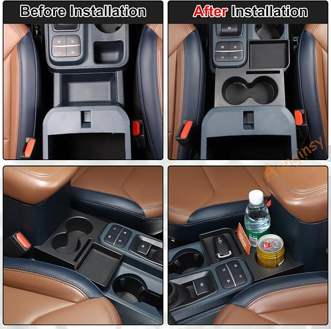 Aunginsy Center Console Cup Holder Compatible with Ford Maverick 2022-2025 2026, Front Seat Armrest Box Dual Cup Holders Insert Expander Organizer Tray Drink Water Bottle Holder with Mat Accessories