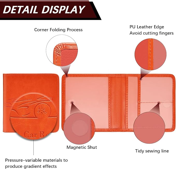 2-Pack Registration and Insurance Card Holder, Vehicle Glove Box Car Organizer with Magnetic Closure, Interior Car Accessories for Documents, Cards, License Storage, Orange